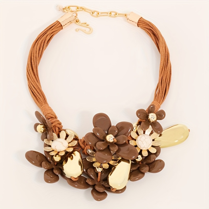 Boho Brown Resin Floral & Geometric Pendant Layer Necklace